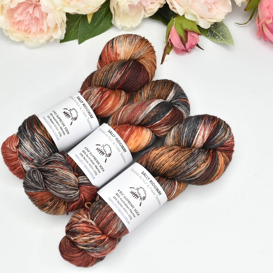 4 ply Supreme Sock Yarn Hand Dyed Orange Chocolate| Sock Yarn | Sally Ridgway | Shop Wool, Felt and Fibre Online