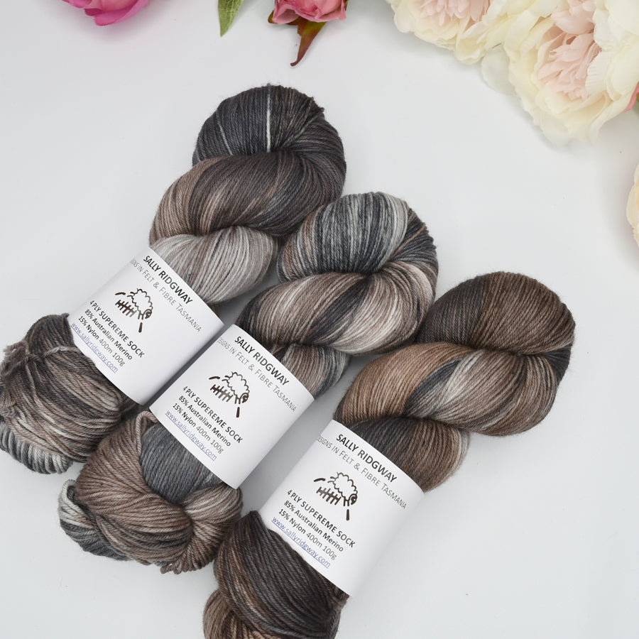 4 ply Supreme Sock Yarn Hand Dyed Wombat Gully| Sock Yarn | Sally Ridgway | Shop Wool, Felt and Fibre Online
