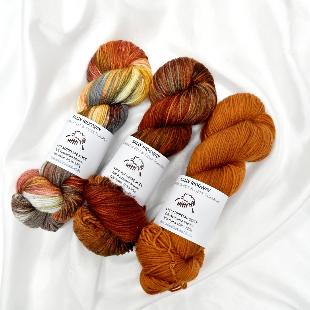 Copper Canyon 4 ply Supreme Sock Yarn Hand Dyed - Sally Ridgway Designs in Felt & Fibre - Australia