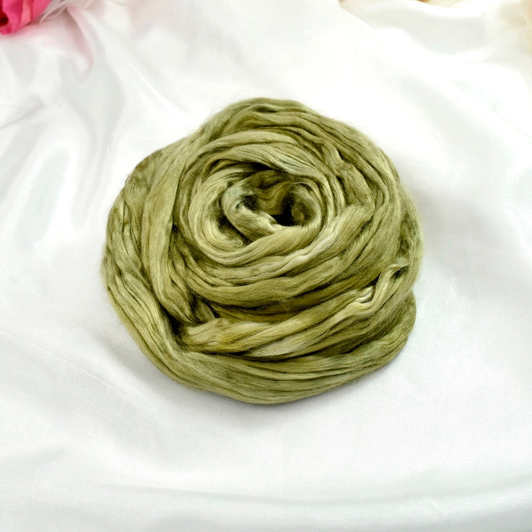 Mulberry Silk Roving Hand Dyed in Lichen Leaves| Silk Roving/Sliver | Sally Ridgway | Shop Wool, Felt and Fibre Online