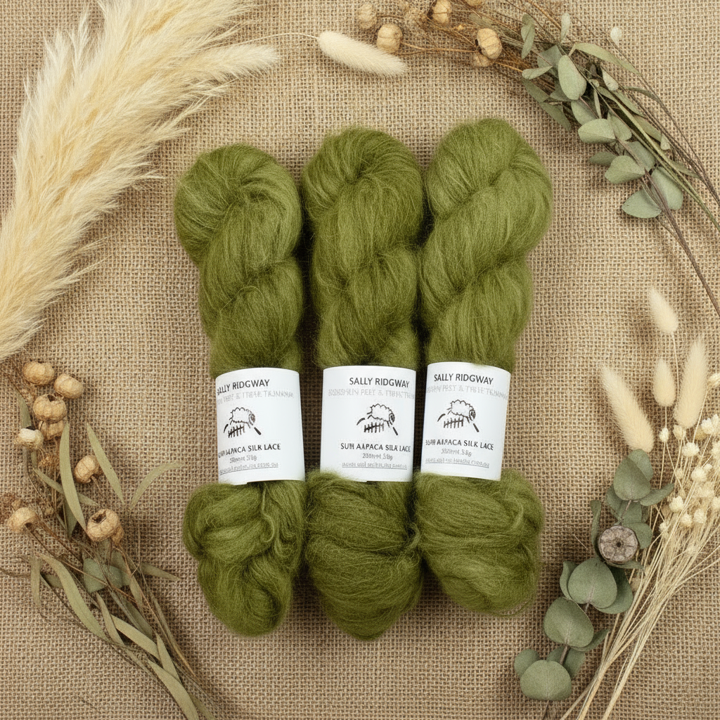Suri Alpaca Silk Lace Hand Dyed Lichen Leaves-Suri Silk Lace-1-Sally Ridgway Designs in Felt & Fibre