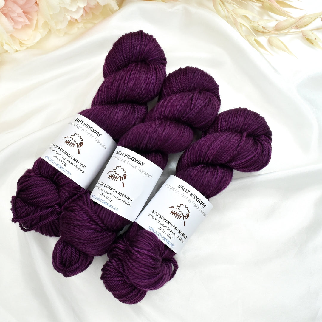 Velvet Plum on 8 Ply Superwash 100% Merino Yarn| 8 Ply Superwash Merino Yarn | Sally Ridgway | Shop Wool, Felt and Fibre Online