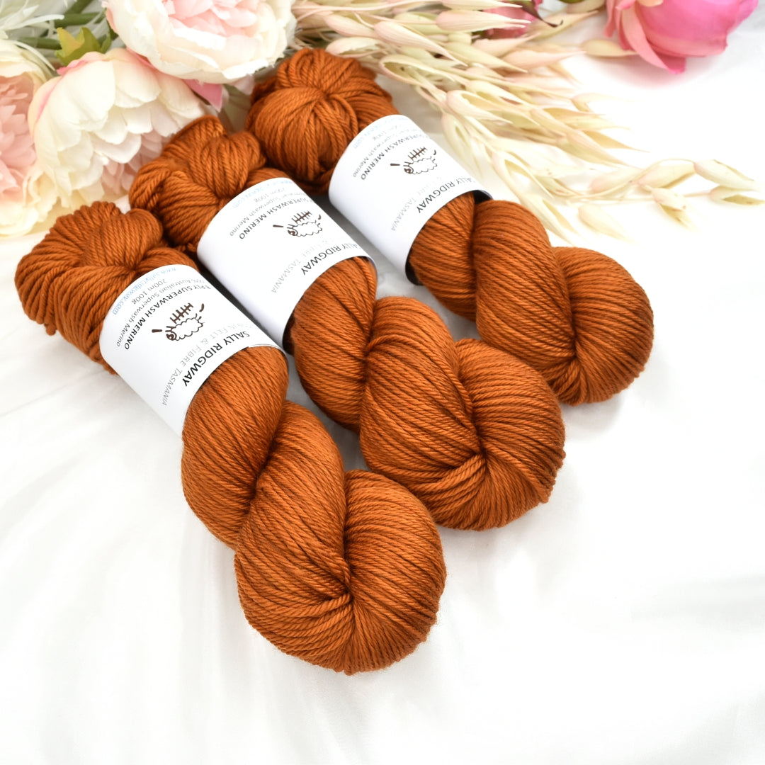 Burnt Copper on 8 Ply Superwash 100% Merino Yarn| 8 Ply Superwash Merino Yarn | Sally Ridgway | Shop Wool, Felt and Fibre Online