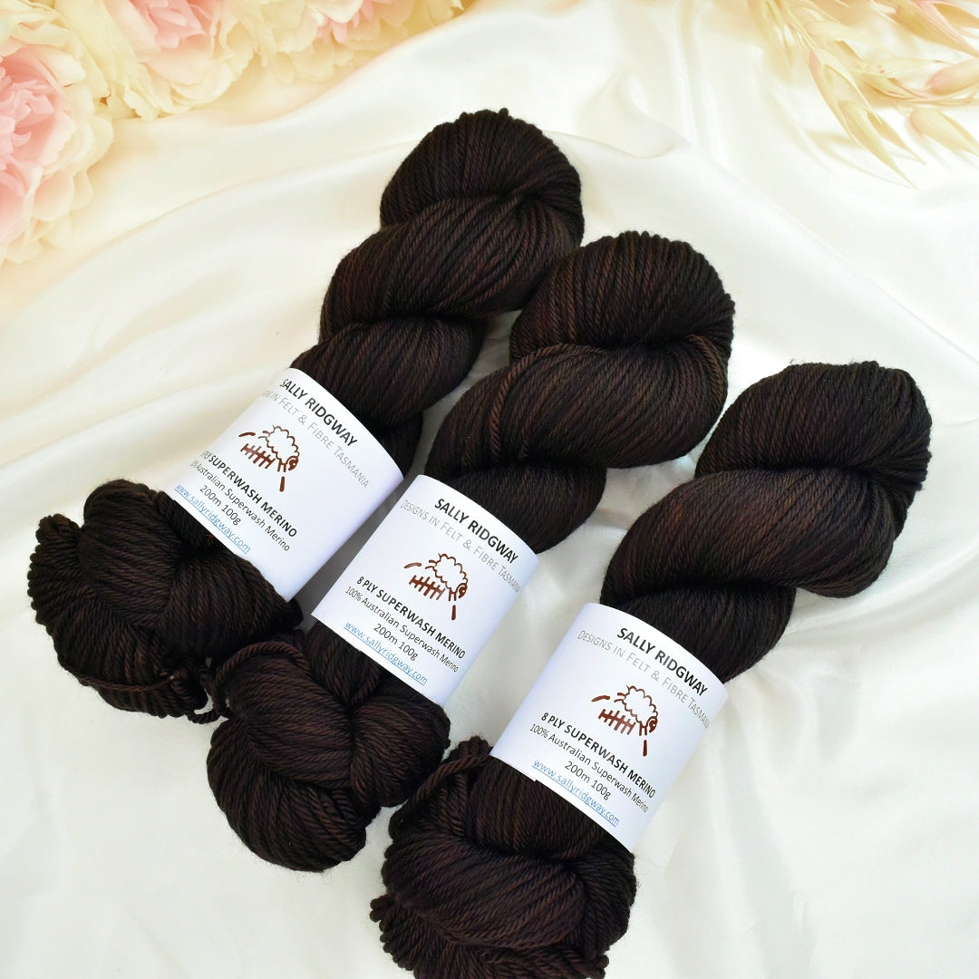 Ebony on 8 Ply Superwash 100% Merino Yarn| 8 Ply Superwash Merino Yarn | Sally Ridgway | Shop Wool, Felt and Fibre Online