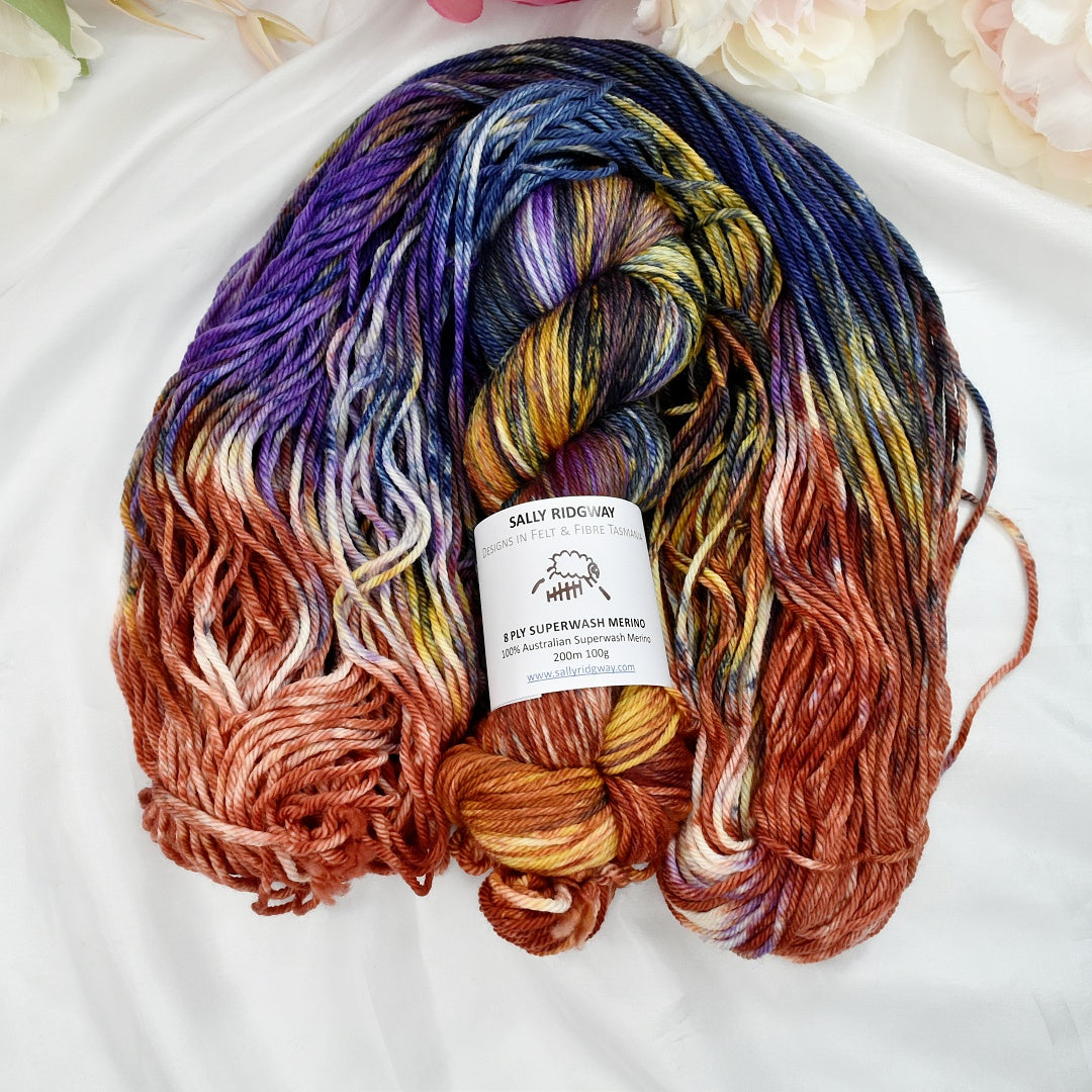 Stained Glass on 8 Ply Superwash 100% Merino Yarn| 8 Ply Superwash Merino Yarn | Sally Ridgway | Shop Wool, Felt and Fibre Online
