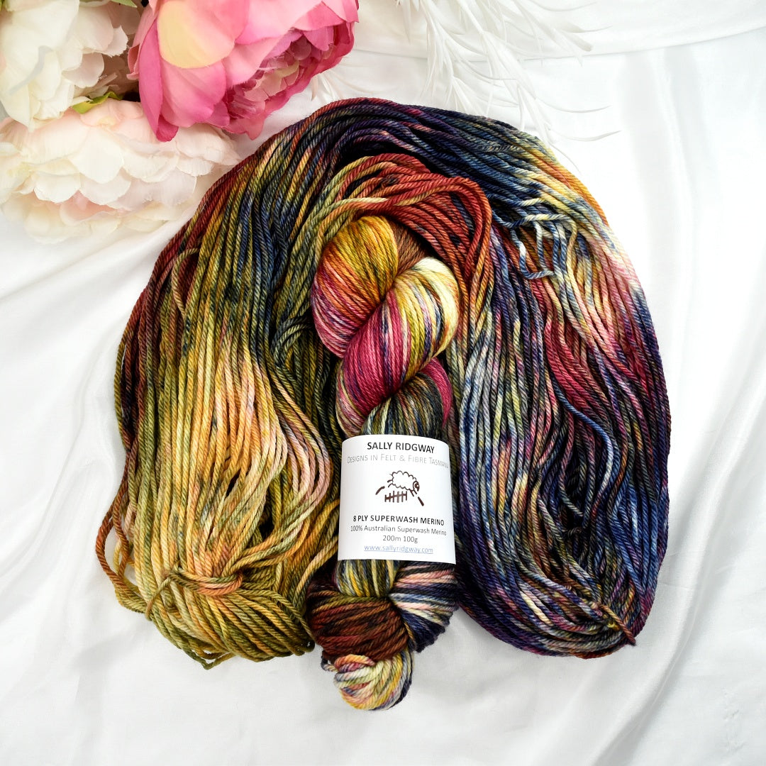 Kaleidoscope on 8 Ply Superwash 100% Merino Yarn| 8 Ply Superwash Merino Yarn | Sally Ridgway | Shop Wool, Felt and Fibre Online