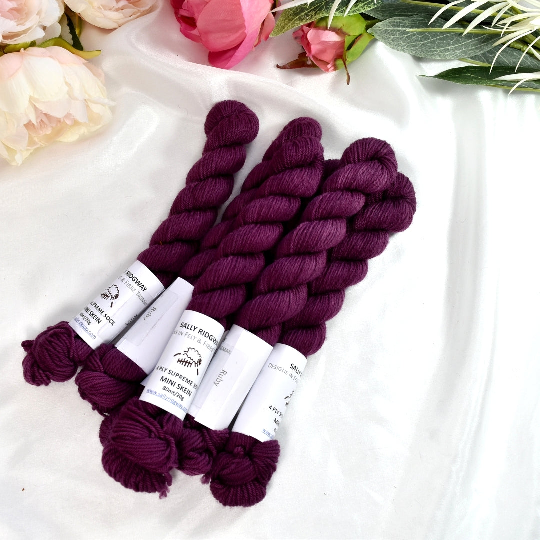 Mini Skeins 4 Ply Supreme Sock Yarn Ruby| 4 Ply Mini Skein | Sally Ridgway | Shop Wool, Felt and Fibre Online