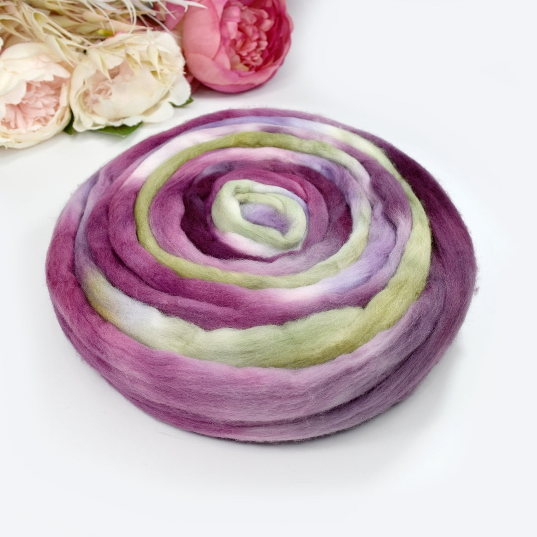 Tasmanian Merino Wool Combed Top Hand Dyed Pansy Posy-Merino wool tops-2-100 grams-Sally Ridgway Designs in Felt & Fibre