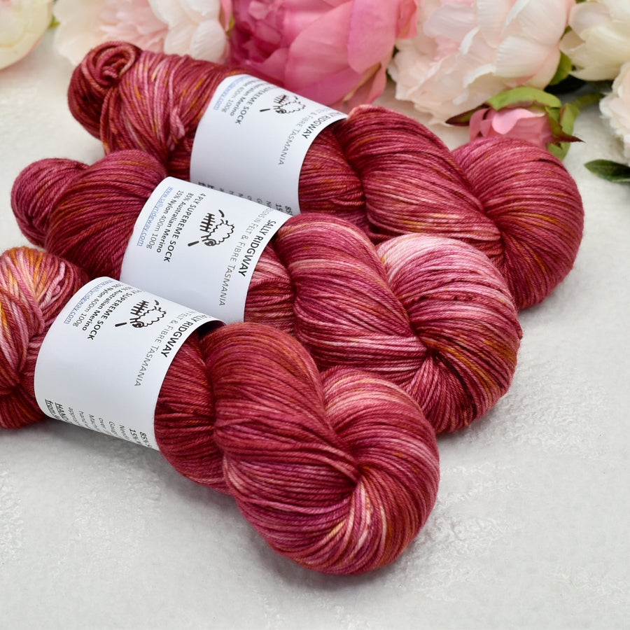 4 ply Supreme Sock Yarn Hand Dyed Cherries and Cream-Sock Yarn-3-Sally Ridgway Designs in Felt & Fibre