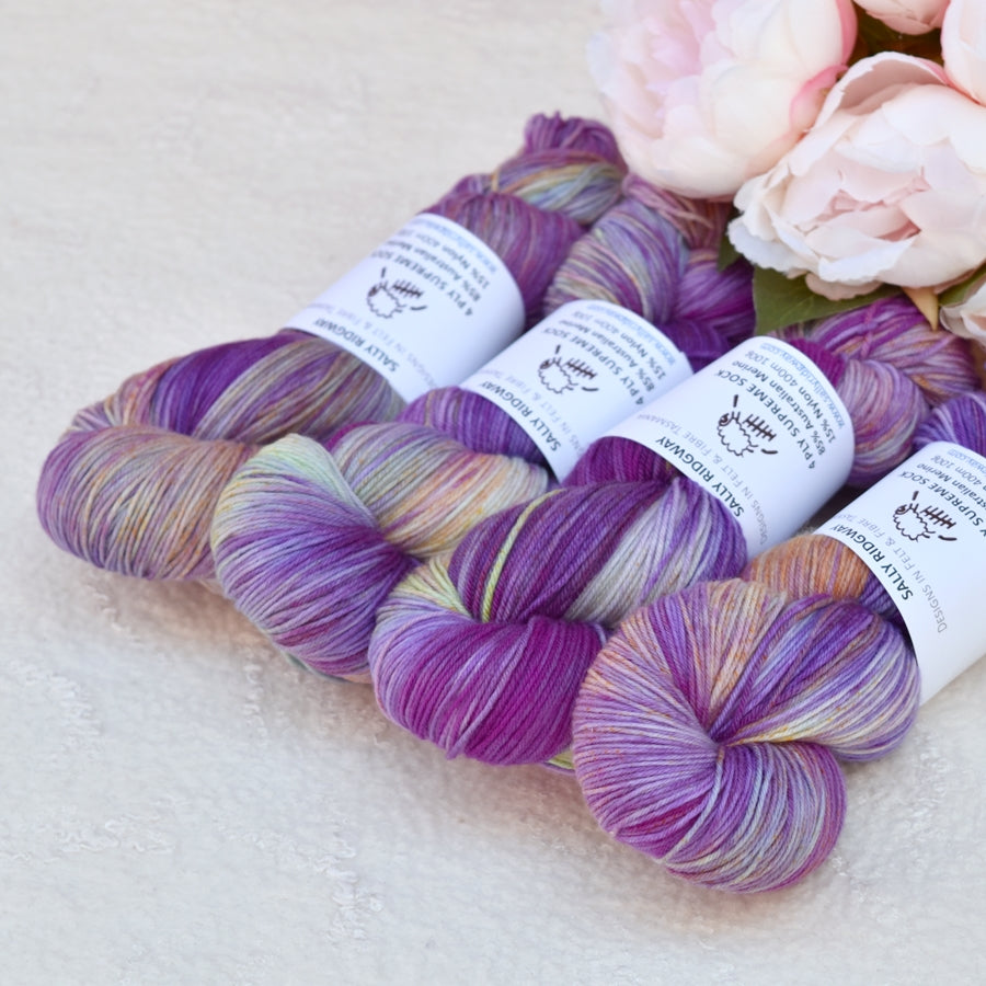 4 Ply Supreme Sock Yarn Hand Dyed in Viola Bouquet 13426-Sock Yarn-3-Sally Ridgway Designs in Felt & Fibre
