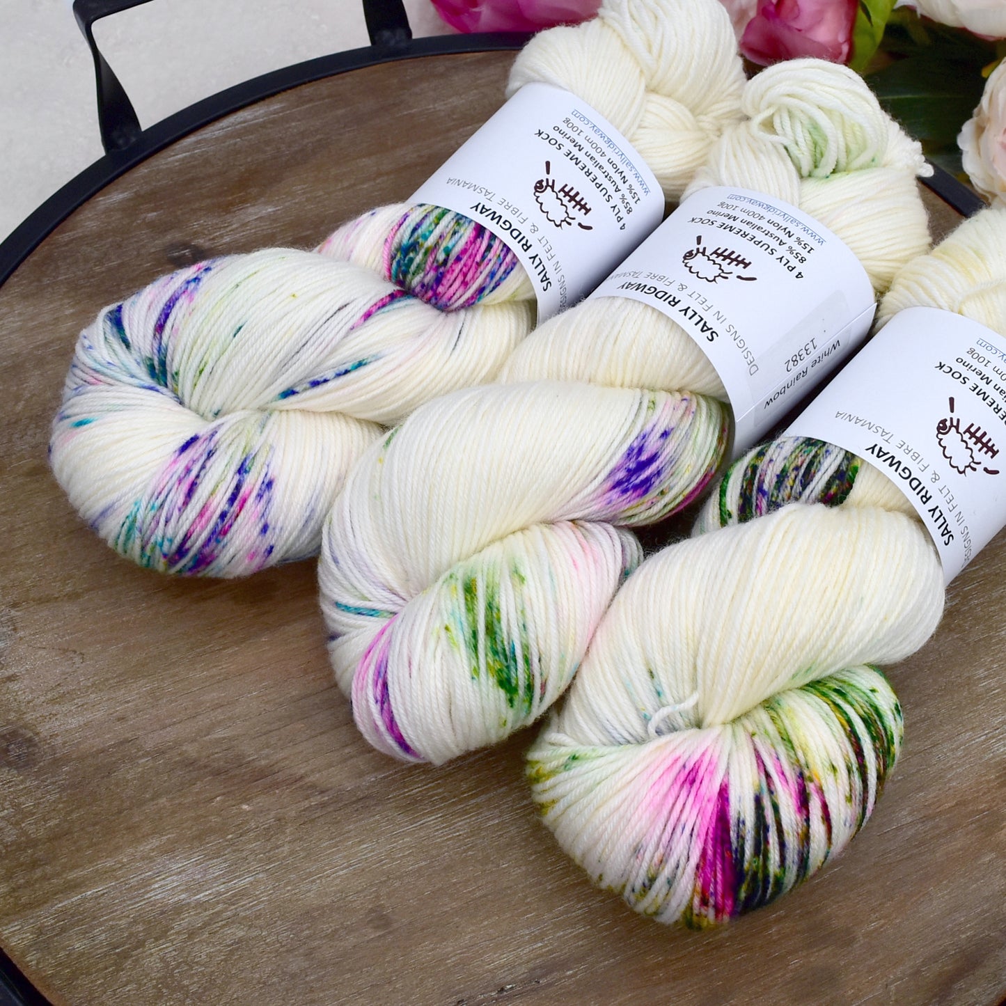 4 ply Supreme Sock Yarn Hand Dyed White Rainbow 13382-Sock Yarn-2-Sally Ridgway Designs in Felt & Fibre