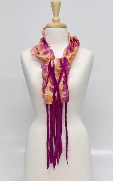 Silk and Wool Nuno Felted Scarf in Raspberry and Orange 12735-Wool Felt Scarves-4-Sally Ridgway Designs in Felt & Fibre