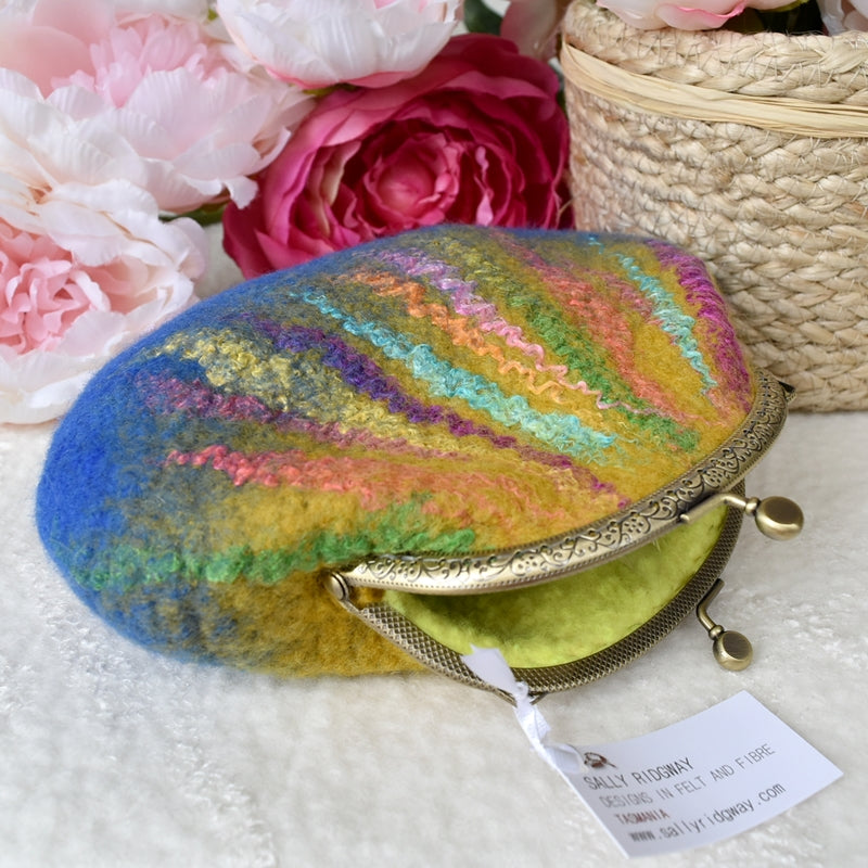 Blue and Mustard Wool Felt Accessory Purse| Coin Purse | Sally Ridgway | Shop Wool, Felt and Fibre Online