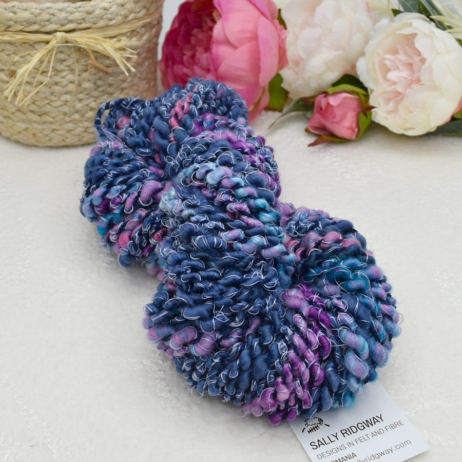 Handspun Chunky Tasmanian Merino Yarn in Blue Kisses-Hand Spun Yarn-4-38 Mt - 145 grams-Sally Ridgway Designs in Felt & Fibre