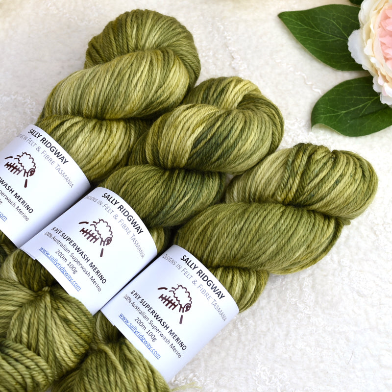 Olive Leaves on 8 Ply Superwash 100% Merino Yarn-8 Ply Superwash Merino Yarn-2-Sally Ridgway Designs in Felt & Fibre