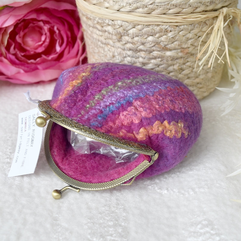 Pink and Purple Wool Felt Accessory Purse| Coin Purse | Sally Ridgway | Shop Wool, Felt and Fibre Online