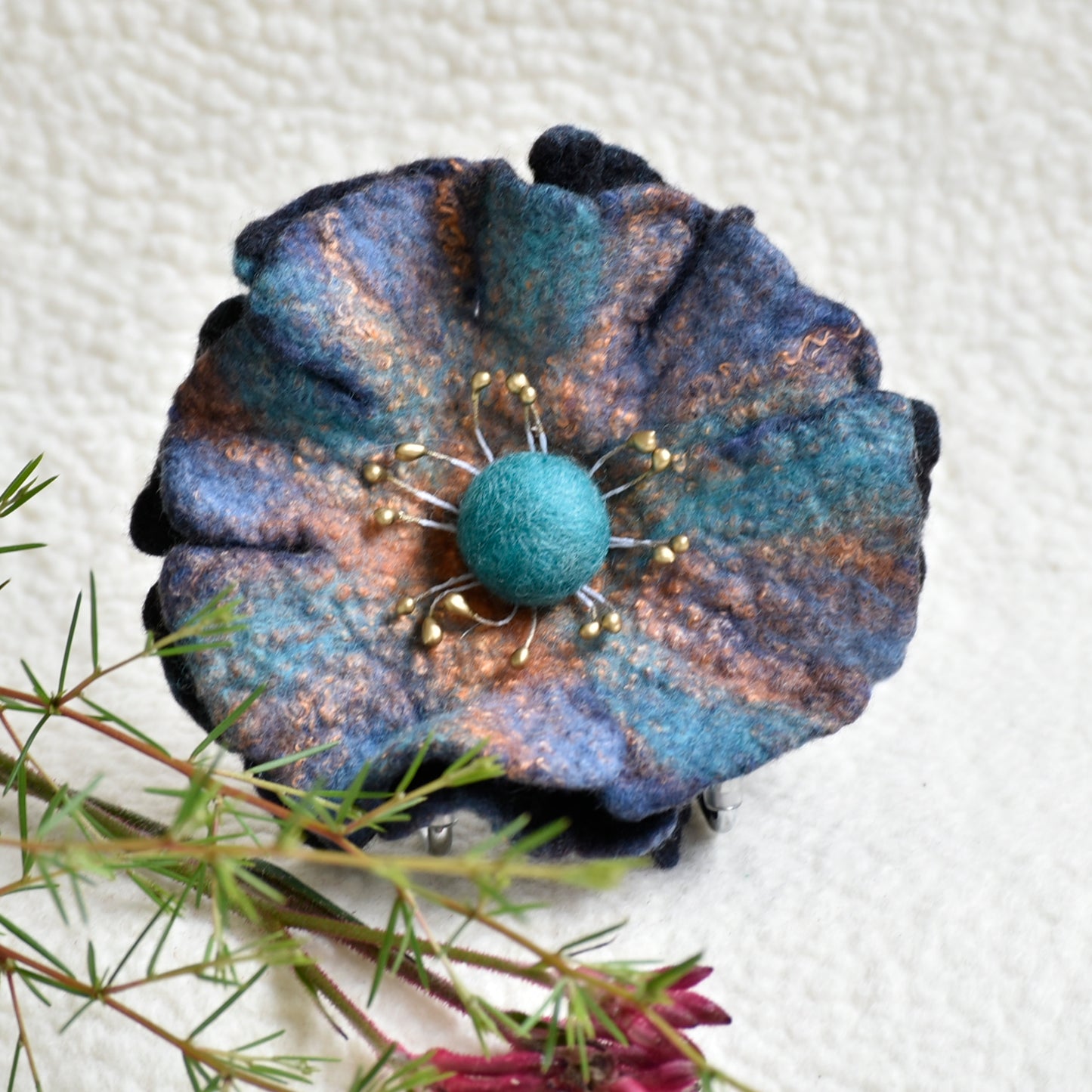 Large Wool Felt Flower Brooch Pin in Turquoise 13177-Brooch-3-Sally Ridgway Designs in Felt & Fibre