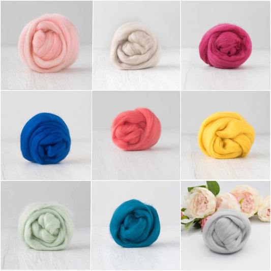 A grid of 9 DHG merino wool roving colours taken by sallyr idgway designs