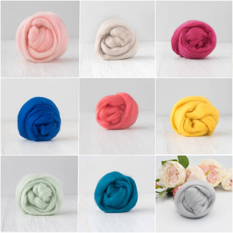 A grid of 9 DHG merino wool roving colours taken by sallyr idgway designs