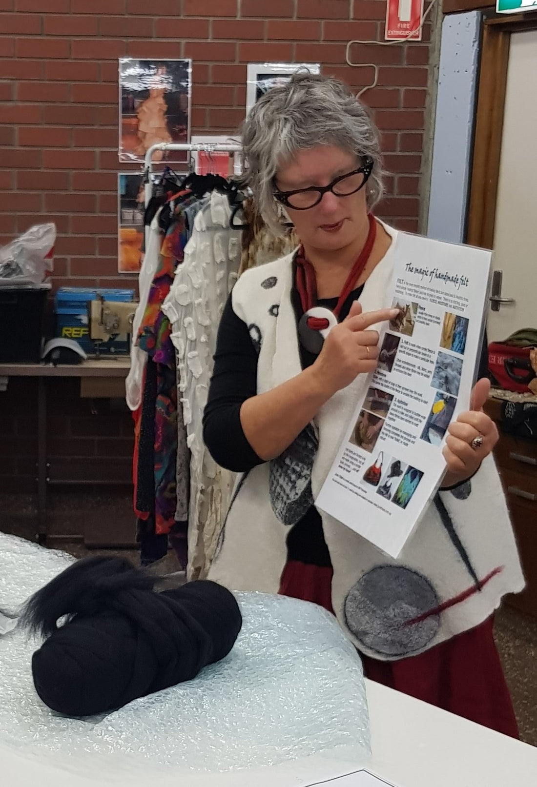 June Hope textile artist explaining felt making at a workshop