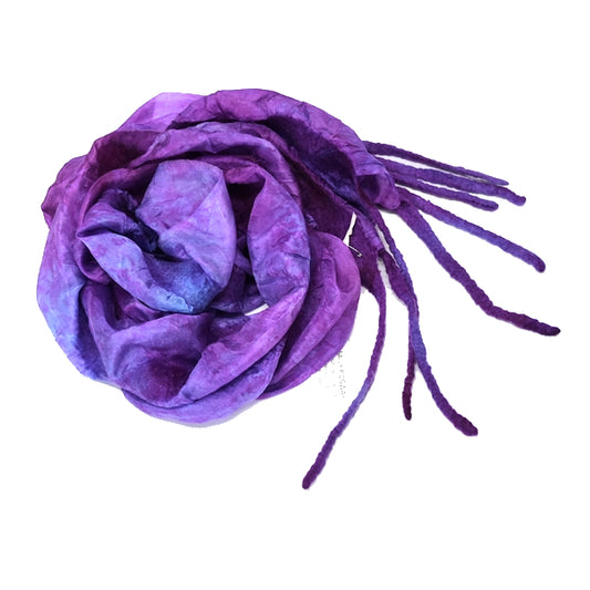Purple nuno felted hand made scarf from tasmanian merino wool and paj silk fabric hand dyed.