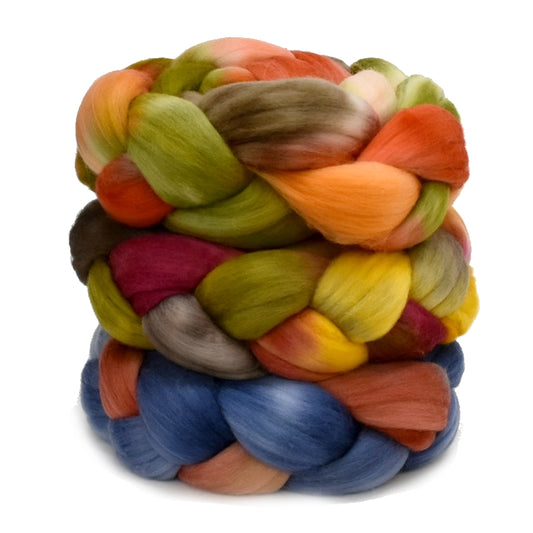 Hand Dyed merino wool roving in a braid 