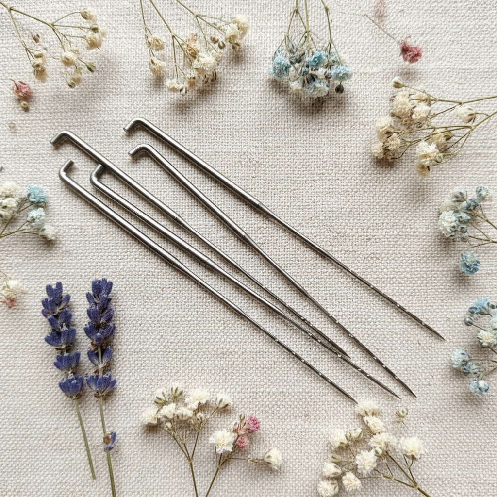 needle felting needles on a textured background with dried flowers