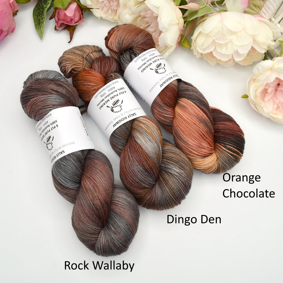 4 Ply Pure Australian Merino Wool Yarn Hand Dyed Orange Chocolate| 4 Ply Pure Merino Yarn | Sally Ridgway | Shop Wool, Felt and Fibre Online