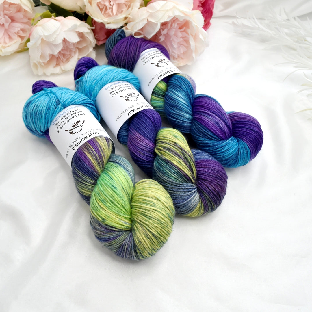 Aurora 4 ply Supreme Sock Yarn Hand Dyed| Sock Yarn | Sally Ridgway | Shop Wool, Felt and Fibre Online