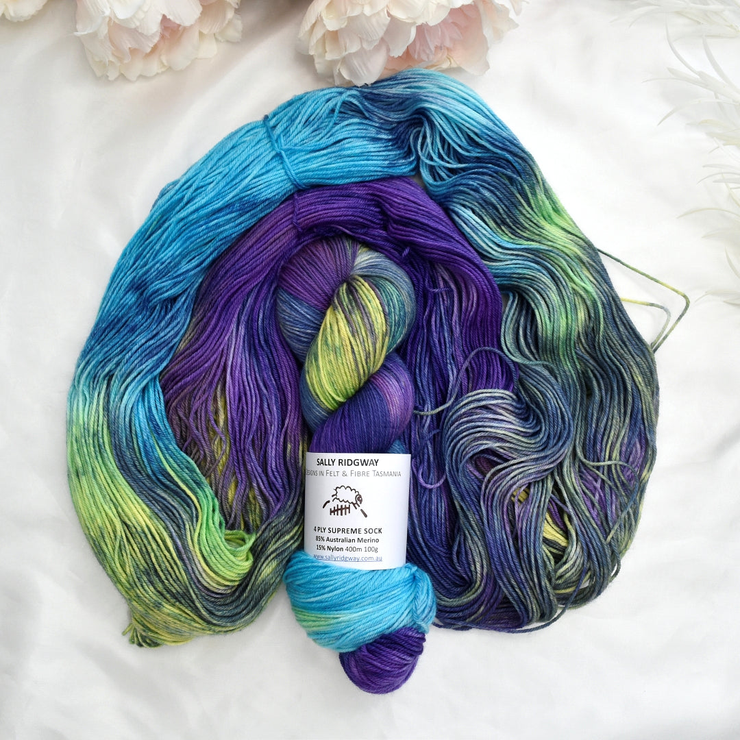 Aurora 4 ply Supreme Sock Yarn Hand Dyed| Sock Yarn | Sally Ridgway | Shop Wool, Felt and Fibre Online