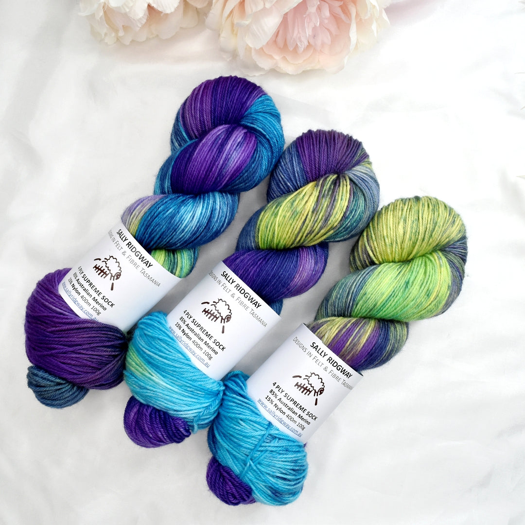 Aurora 4 ply Supreme Sock Yarn Hand Dyed| Sock Yarn | Sally Ridgway | Shop Wool, Felt and Fibre Online
