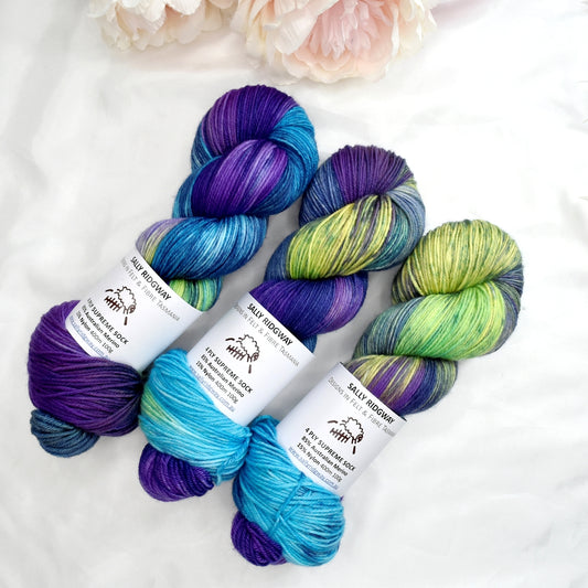 Aurora 4 ply Supreme Sock Yarn Hand Dyed| Sock Yarn | Sally Ridgway | Shop Wool, Felt and Fibre Online