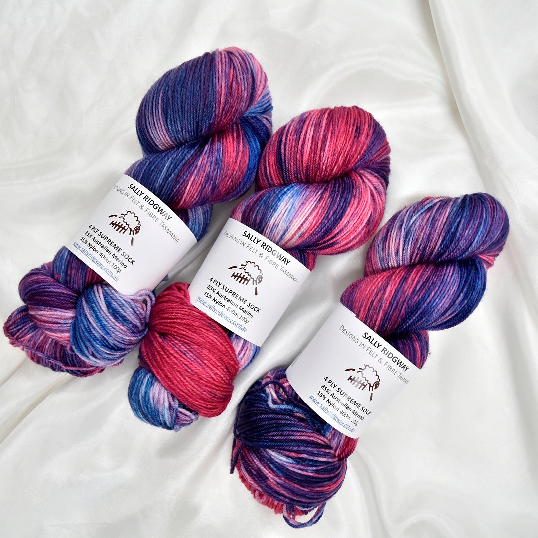 Blueberry Crush 4 ply Supreme Sock Yarn Hand Dyed| Sock Yarn | Sally Ridgway | Shop Wool, Felt and Fibre Online