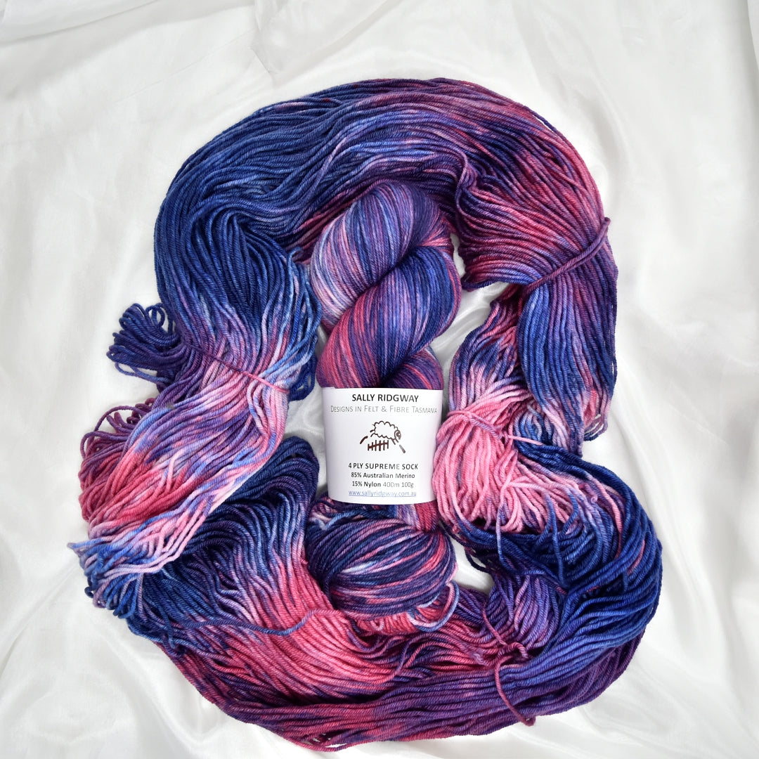 Blueberry Crush 4 ply Supreme Sock Yarn Hand Dyed| Sock Yarn | Sally Ridgway | Shop Wool, Felt and Fibre Online
