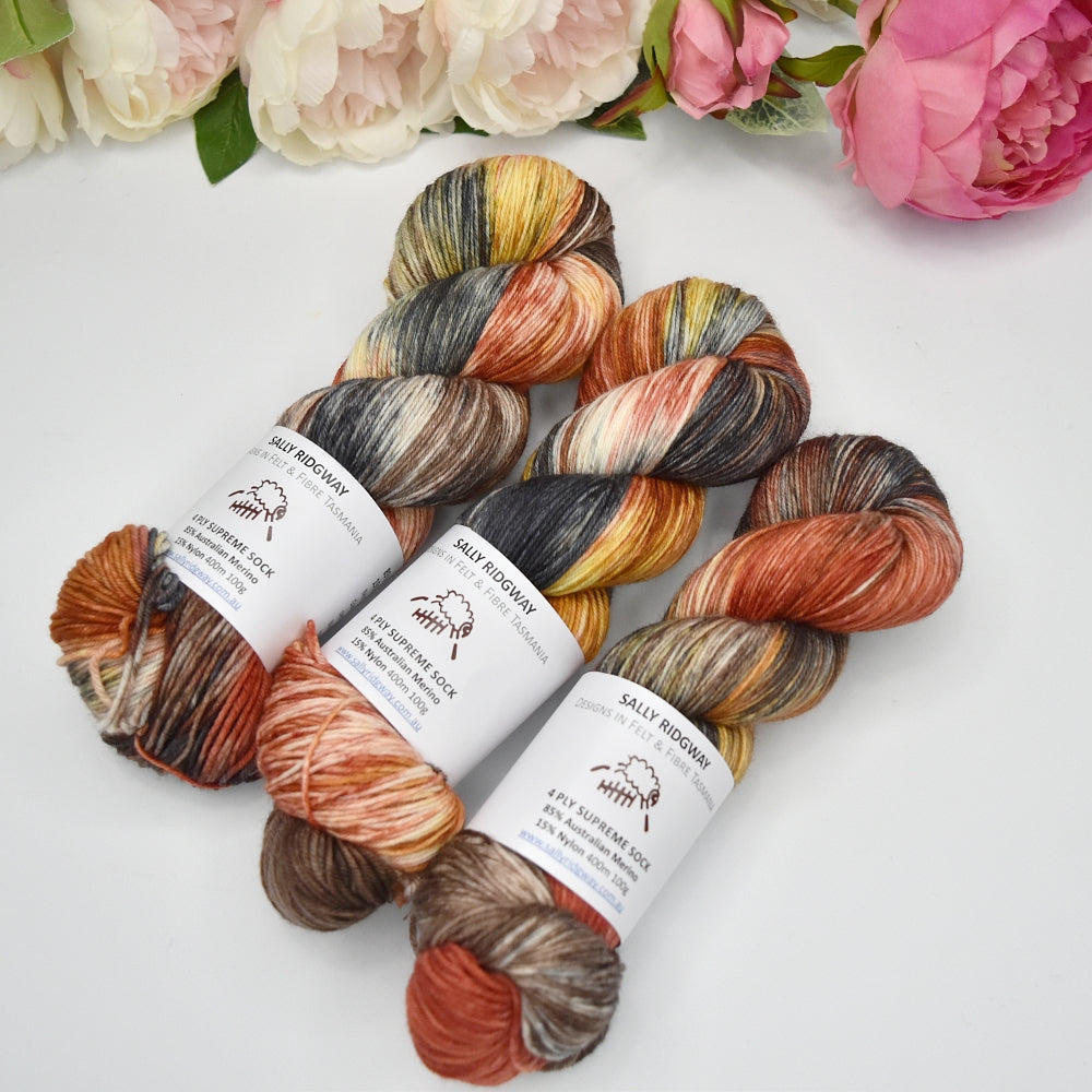 4 ply Supreme Sock Yarn Hand Dyed Brickworks| Sock Yarn | Sally Ridgway | Shop Wool, Felt and Fibre Online