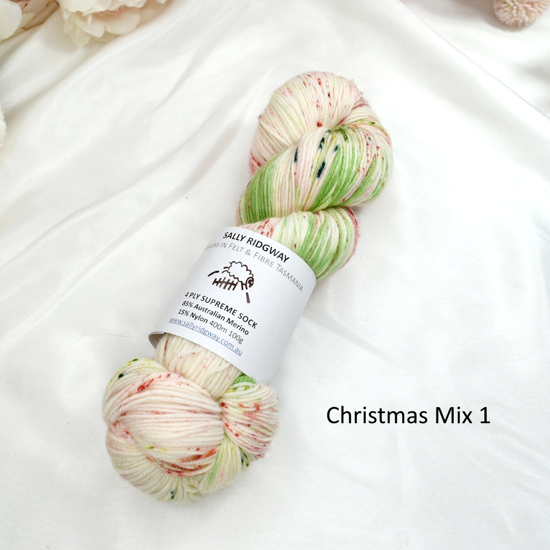 4 ply Supreme Sock Yarn Hand Dyed Christmas Mix| Sock Yarn | Sally Ridgway | Shop Wool, Felt and Fibre Online