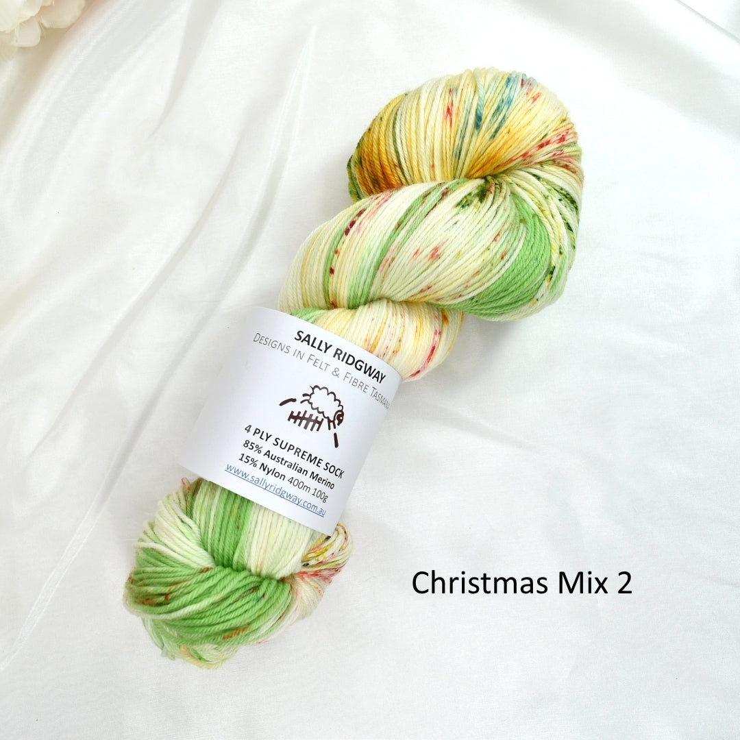 4 ply Supreme Sock Yarn Hand Dyed Christmas Mix| Sock Yarn | Sally Ridgway | Shop Wool, Felt and Fibre Online