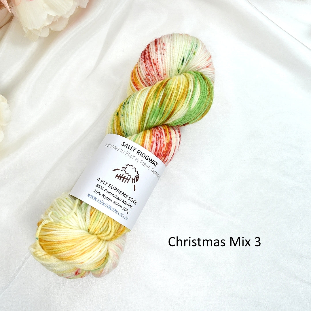 4 ply Supreme Sock Yarn Hand Dyed Christmas Mix| Sock Yarn | Sally Ridgway | Shop Wool, Felt and Fibre Online