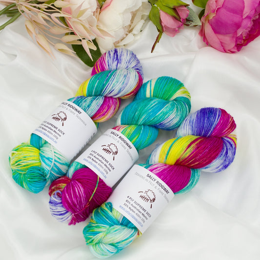 4 ply Supreme Sock Yarn Hand Dyed in Happy Dance| Sock Yarn | Sally Ridgway | Shop Wool, Felt and Fibre Online