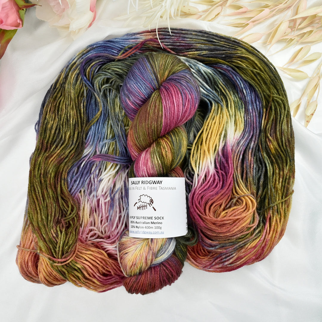 Kaleidoscope 4 ply Supreme Sock Yarn Hand Dyed-Sock Yarn-3-Sally Ridgway Designs in Felt &amp; Fibre