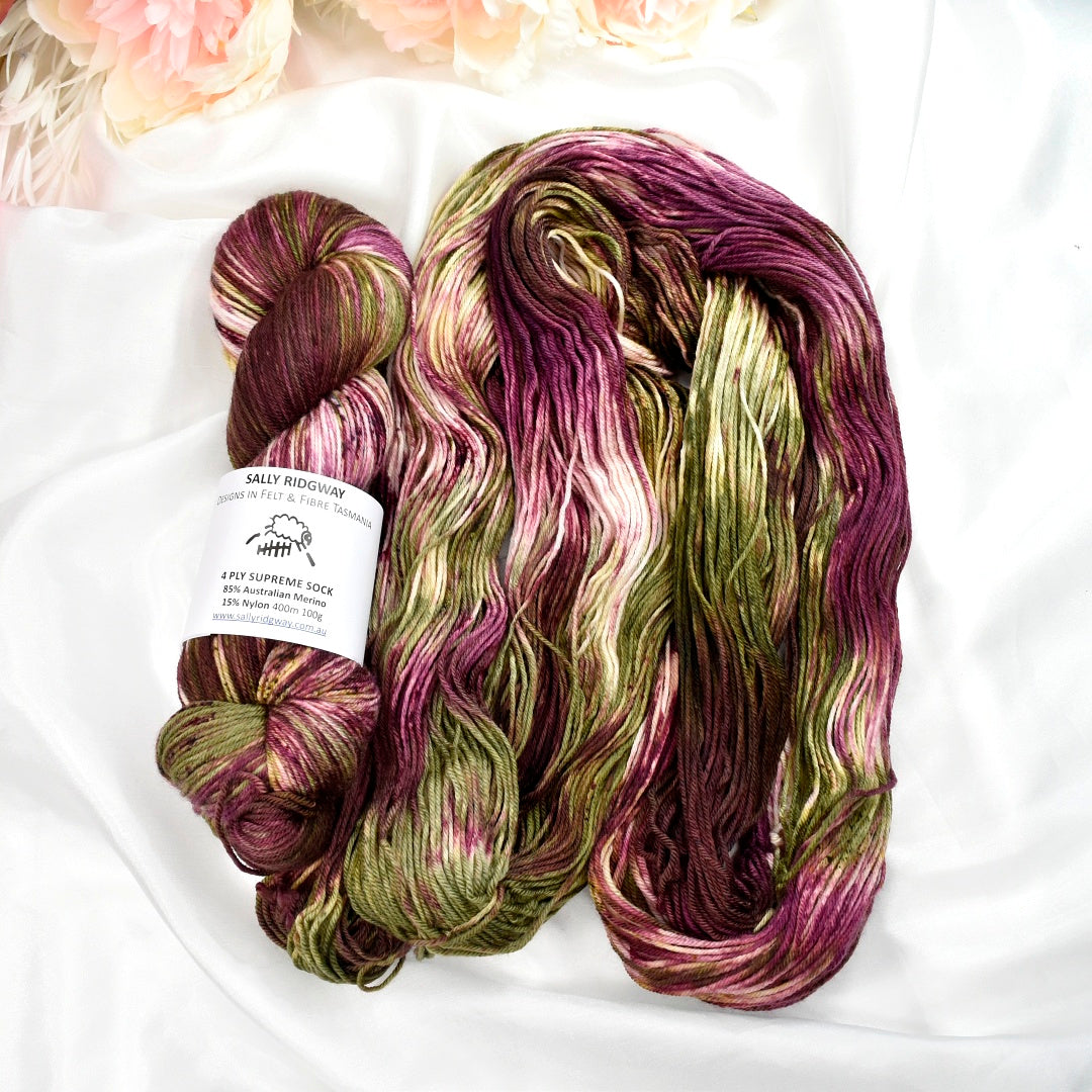 Rose Garden 4 ply Supreme Sock Yarn Hand Dyed-Sock Yarn-2-Sally Ridgway Designs in Felt &amp; Fibre