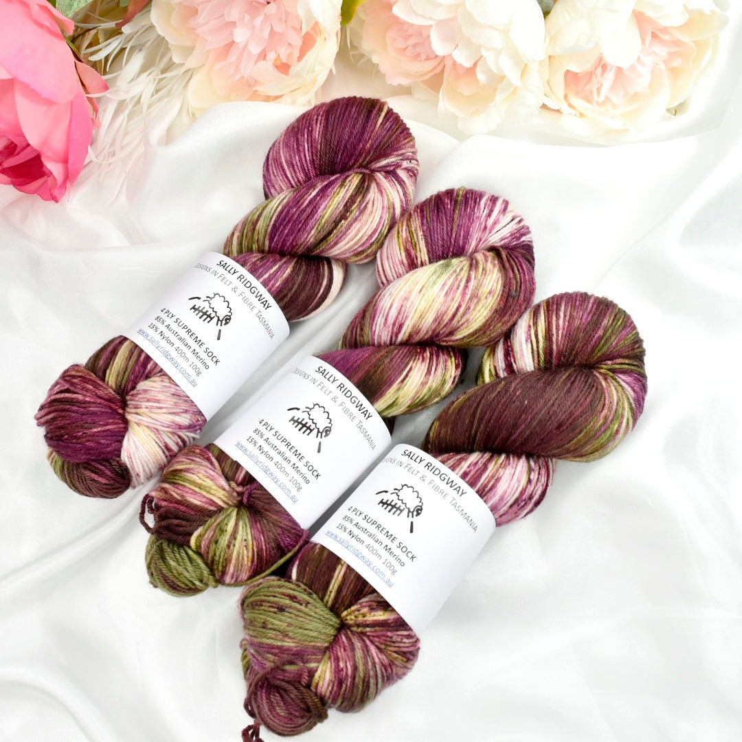 Rose Garden 4 ply Supreme Sock Yarn Hand Dyed-Sock Yarn-3-Sally Ridgway Designs in Felt &amp; Fibre
