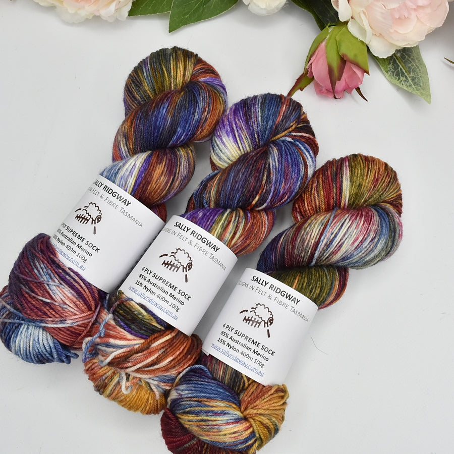 4 ply Supreme Sock Yarn Hand Dyed Stained Glass| Sock Yarn | Sally Ridgway | Shop Wool, Felt and Fibre Online