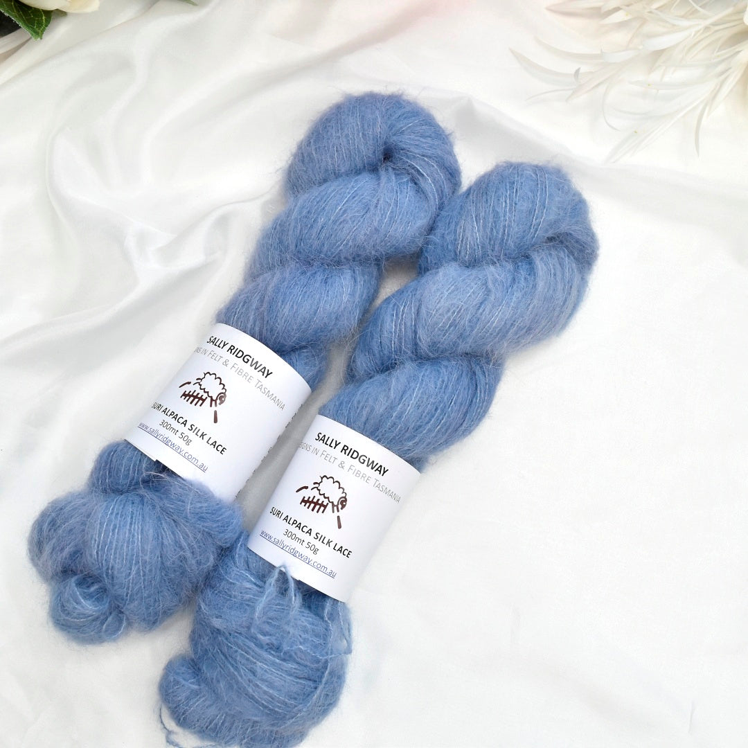 Blue Glaze Brushed Suri Alpaca Silk Lace Hand Dyed| Suri Silk Lace | Sally Ridgway | Shop Wool, Felt and Fibre Online