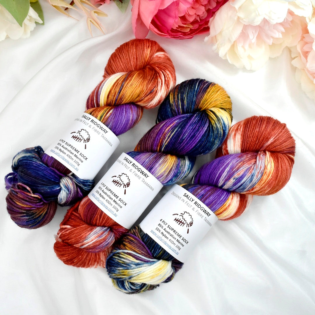 Stained Glass 4 ply Supreme Sock Yarn Hand Dyed| Sock Yarn | Sally Ridgway | Shop Wool, Felt and Fibre Online
