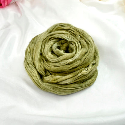 Mulberry Silk Roving Hand Dyed in Lichen Leaves| Silk Roving/Sliver | Sally Ridgway | Shop Wool, Felt and Fibre Online