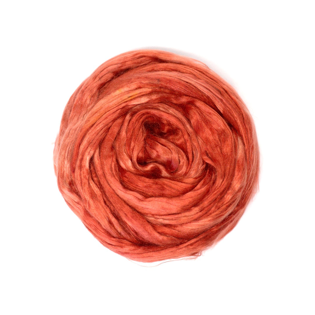 Mulberry Silk Roving Hand Dyed in Red Rock