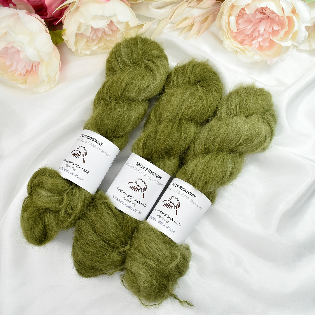 Suri Alpaca Silk Lace Hand Dyed Lichen Leaves-Suri Silk Lace-2-Sally Ridgway Designs in Felt &amp; Fibre