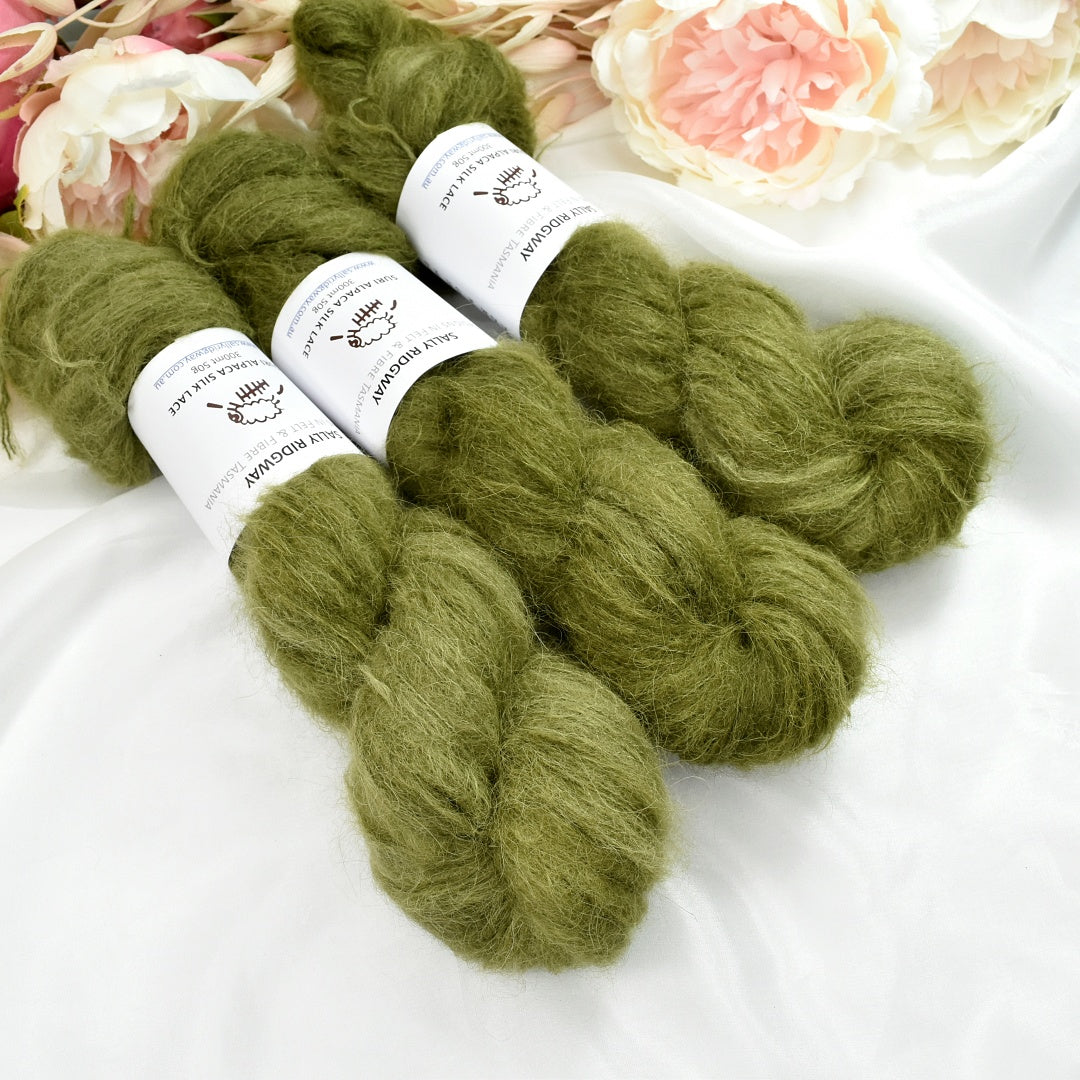 Suri Alpaca Silk Lace Hand Dyed Lichen Leaves-Suri Silk Lace-3-Sally Ridgway Designs in Felt &amp; Fibre