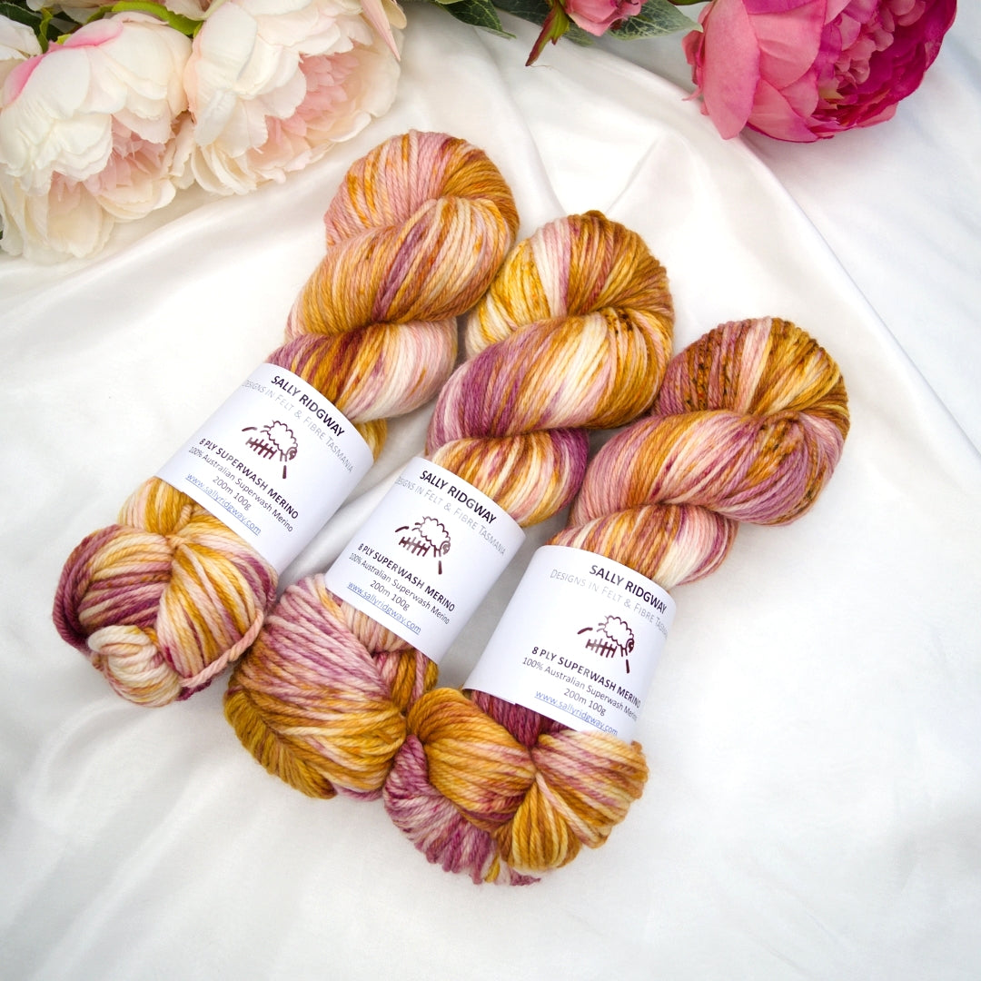 Apricot Roses on 8 Ply Superwash 100% Merino Yarn| 8 Ply Superwash Merino Yarn | Sally Ridgway | Shop Wool, Felt and Fibre Online